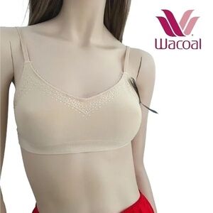 WACOAL Nylon Bra Bralette Unwired Nude Tulle Embellished Lace 36 Unpadded